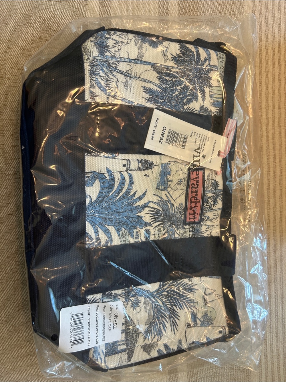 Vineyard Vines Navy and White Palm-Print Tote with Pink Logo Patch